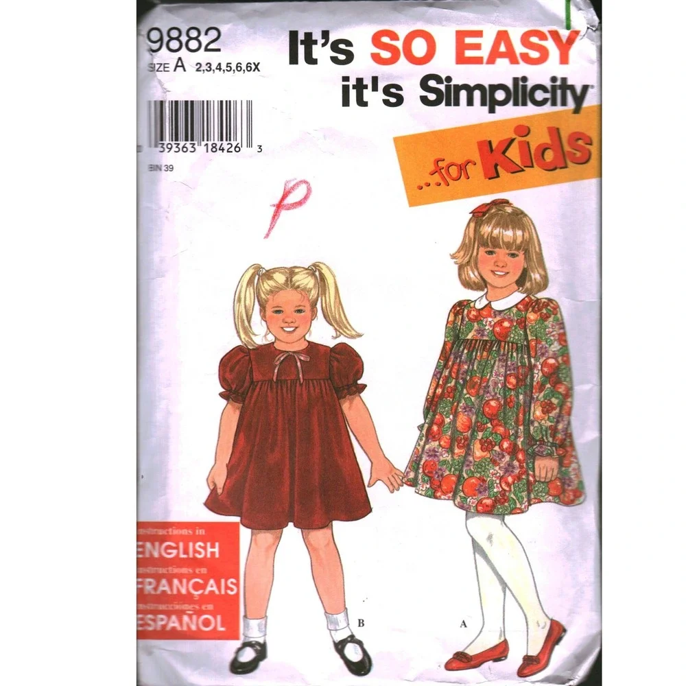 Simplicity 9882 Kids Dress Sewing Pattern Size 2-6X Puff Sleeve Peter Pan Collar